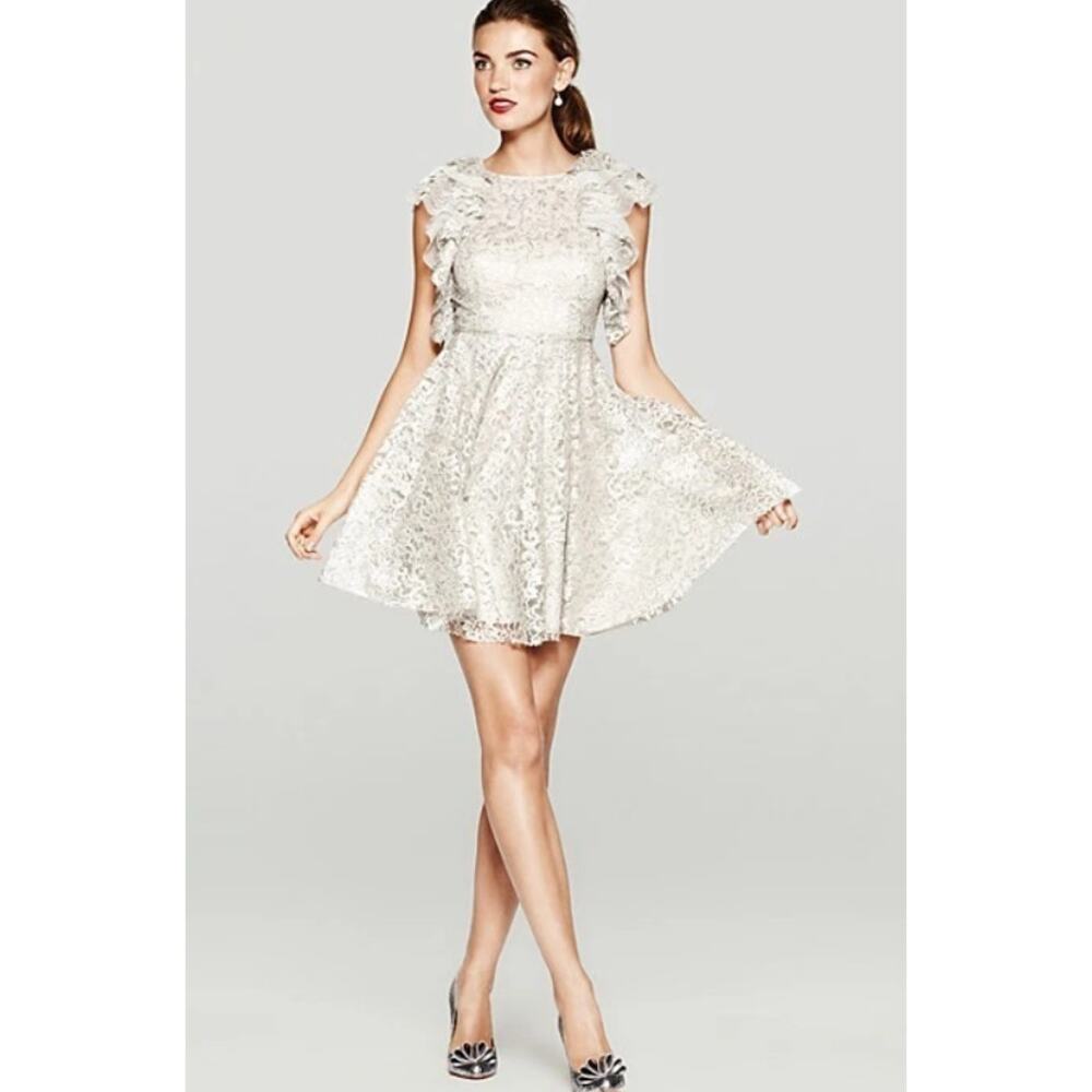 new BCBGMAXAZRIA bcbg silver fairy etheral lace short Cynthia cocktail dress 12